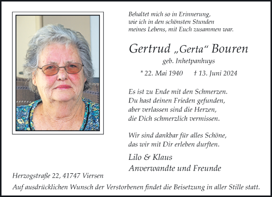 Traueranzeige von Gertrud Bouren von trauer.extra-tipp-moenchengladbach.de