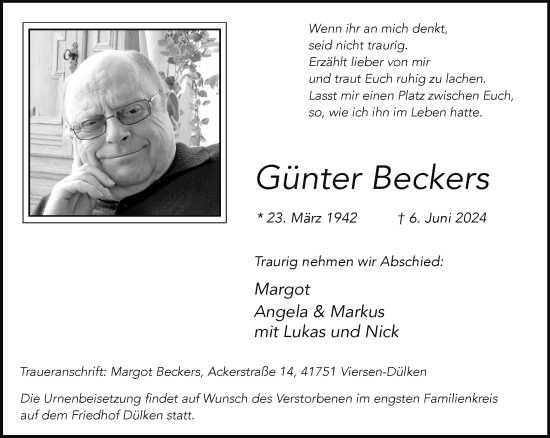 Traueranzeige von Günter Beckers von trauer.extra-tipp-moenchengladbach.de