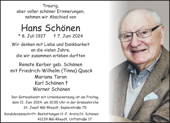 Traueranzeige von Hans Schönen von trauer.extra-tipp-moenchengladbach.de