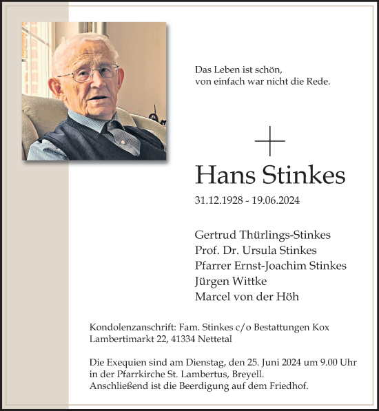 Traueranzeige von Hans Stinkes von trauer.extra-tipp-moenchengladbach.de