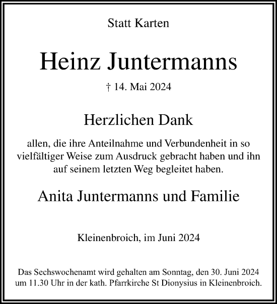 Traueranzeige von Heinz Juntermanns von trauer.extra-tipp-moenchengladbach.de