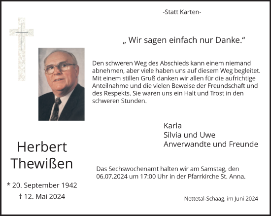 Traueranzeige von Herbert Thewißen von trauer.extra-tipp-moenchengladbach.de