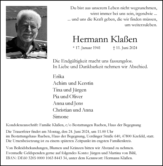 Traueranzeige von Hermann Klaßen von trauer.extra-tipp-moenchengladbach.de