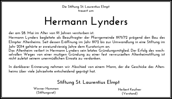 Traueranzeige von Hermann Lynders von trauer.extra-tipp-moenchengladbach.de