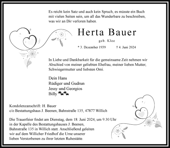 Traueranzeige von Herta Bauer von trauer.extra-tipp-moenchengladbach.de