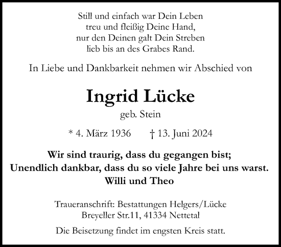 Traueranzeige von Ingrid Lücke von trauer.extra-tipp-moenchengladbach.de