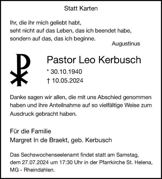 Traueranzeige von Leo Kerbusch von trauer.extra-tipp-moenchengladbach.de