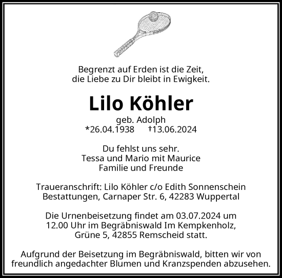 Traueranzeige von Lilo Köhler von trauer.wuppertaler-rundschau.de