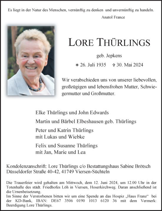 Traueranzeige von Lore Thürlings von trauer.extra-tipp-moenchengladbach.de