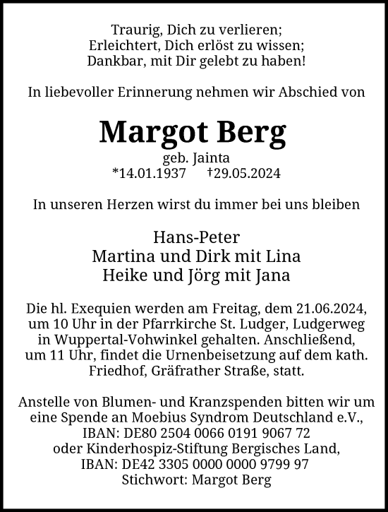 Traueranzeige von Margot Berg von trauer.wuppertaler-rundschau.de