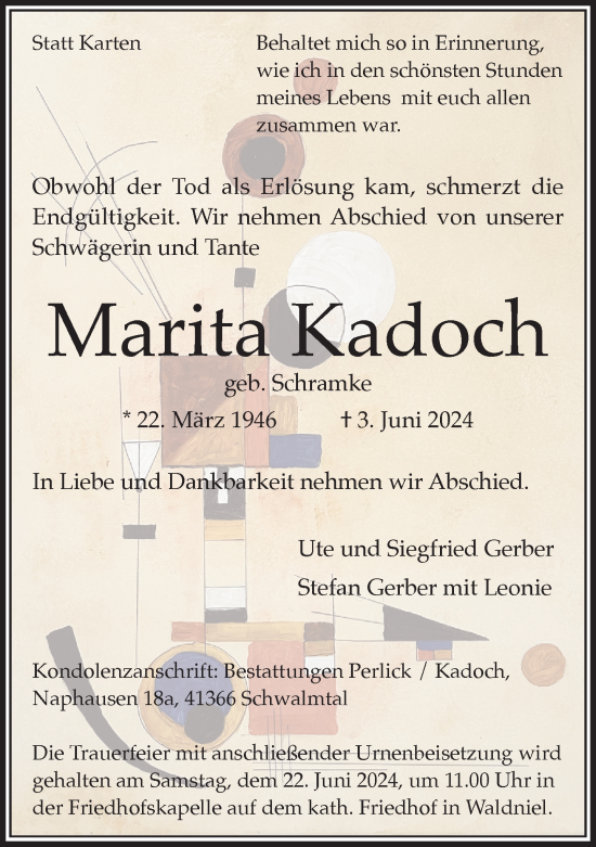 Traueranzeige von Marita Kadoch von trauer.extra-tipp-moenchengladbach.de