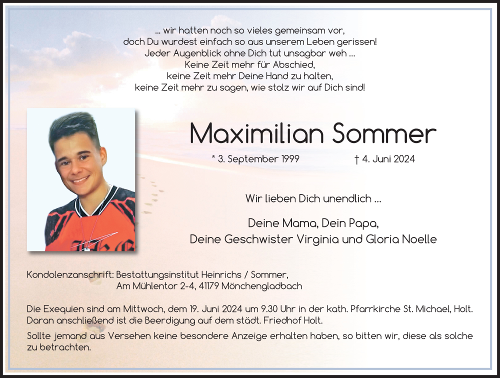  Traueranzeige für Maximilian Sommer vom 16.06.2024 aus trauer.extra-tipp-moenchengladbach.de