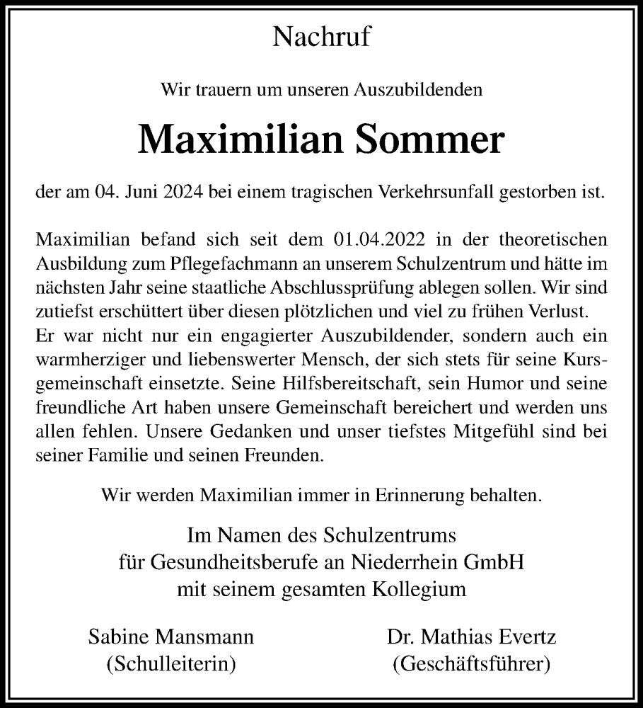  Traueranzeige für Maximilian Sommer vom 23.06.2024 aus trauer.extra-tipp-moenchengladbach.de