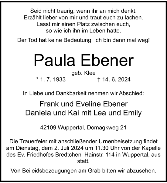 Traueranzeige von Paula Ebener von trauer.wuppertaler-rundschau.de