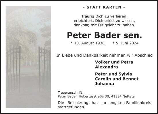 Traueranzeige von Peter Bader von trauer.extra-tipp-moenchengladbach.de