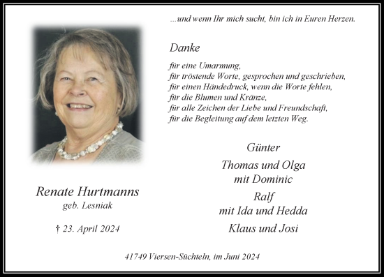 Traueranzeige von Renate Hurtmanns von trauer.extra-tipp-moenchengladbach.de