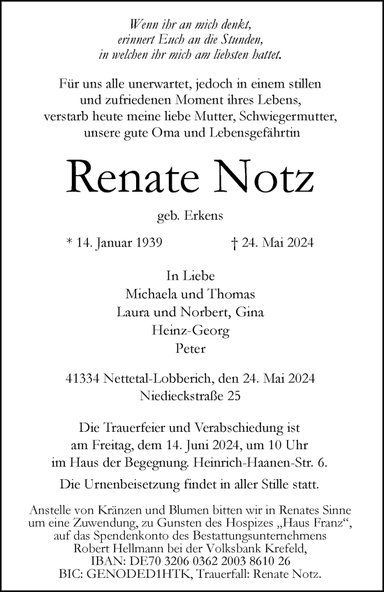 Traueranzeige von Renate Notz von trauer.extra-tipp-moenchengladbach.de