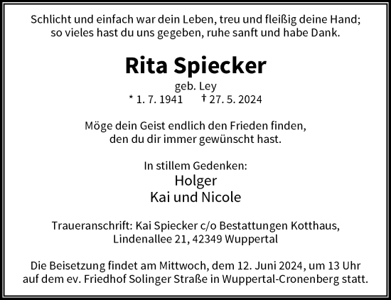 Traueranzeige von Rita Spiecker von trauer.wuppertaler-rundschau.de