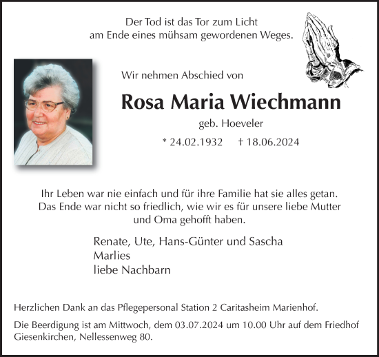 Traueranzeige von Rosa Maria Wiechmann von trauer.extra-tipp-moenchengladbach.de