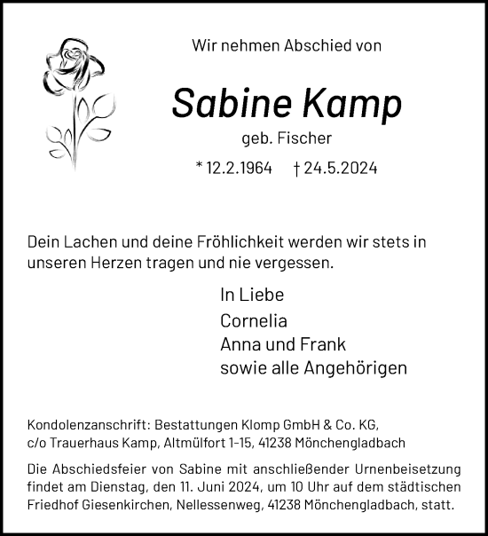 Traueranzeige von Sabine Kamp von trauer.extra-tipp-moenchengladbach.de