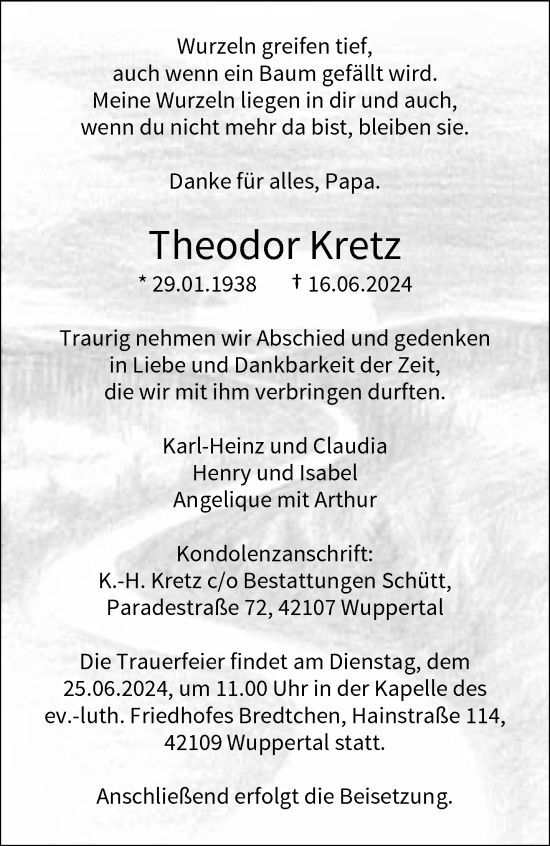 Traueranzeige von Theodor Kretz von trauer.wuppertaler-rundschau.de