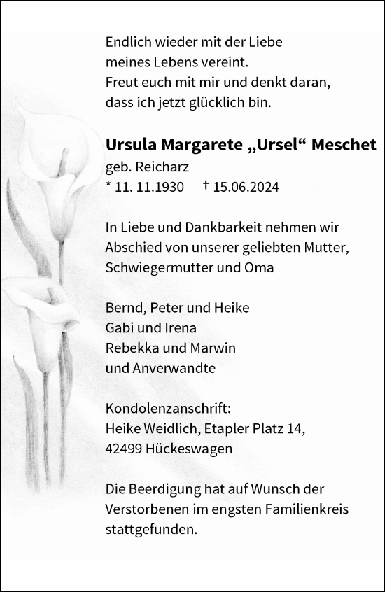 Traueranzeige von Ursula Margarete Meschet von trauer.wuppertaler-rundschau.de