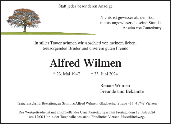 Traueranzeige von Alfred Wilmen von trauer.extra-tipp-moenchengladbach.de