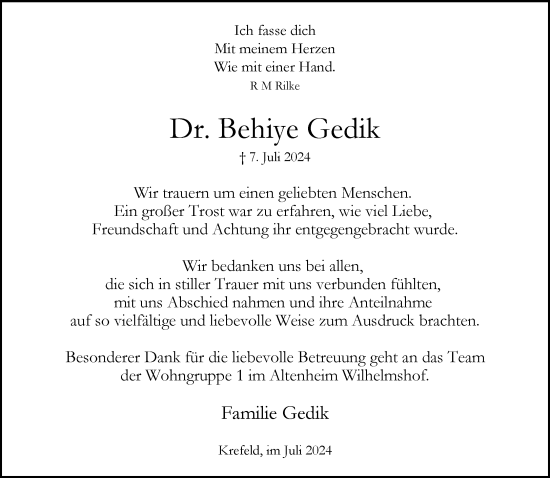 Traueranzeige von Behiye Gedik von trauer.extra-tipp-moenchengladbach.de