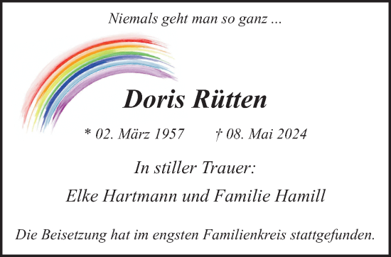 Traueranzeige von Doris Rütten von trauer.extra-tipp-moenchengladbach.de