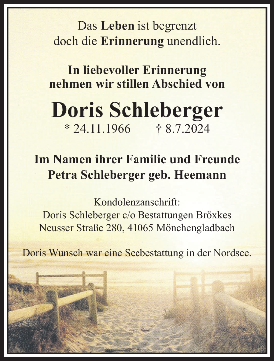 Traueranzeige von Doris Schleberger von trauer.extra-tipp-moenchengladbach.de