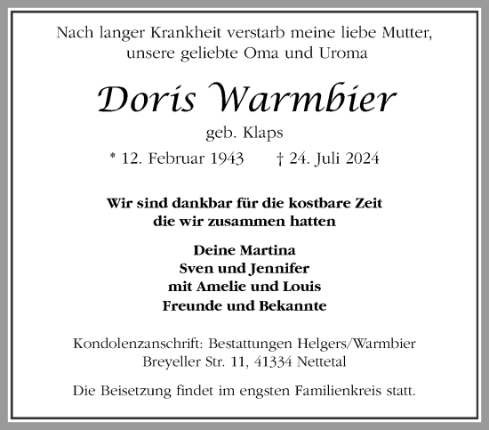 Traueranzeige von Doris Warmbier von trauer.extra-tipp-moenchengladbach.de