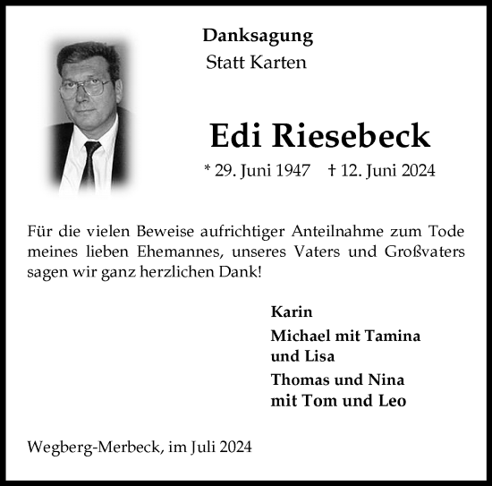 Traueranzeige von Edi Riesebeck von trauer.extra-tipp-moenchengladbach.de