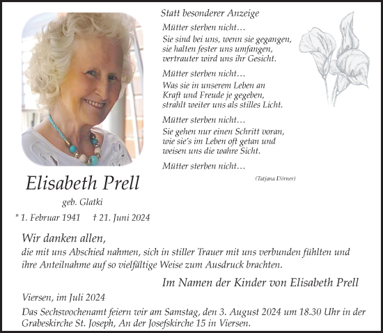 Traueranzeige von Elisabeth Prell von trauer.extra-tipp-moenchengladbach.de