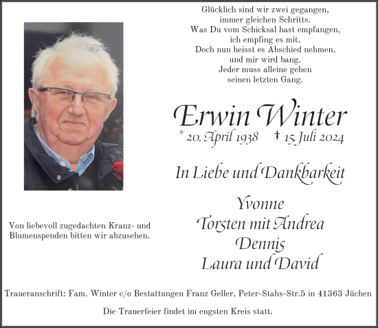 Traueranzeige von Erwin Winter von trauer.extra-tipp-moenchengladbach.de