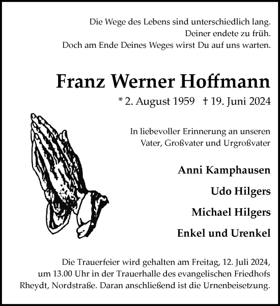 Traueranzeige von Franz Werner Hoffmann von trauer.extra-tipp-moenchengladbach.de