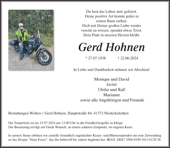 Traueranzeige von Gerd Hohnen von trauer.extra-tipp-moenchengladbach.de