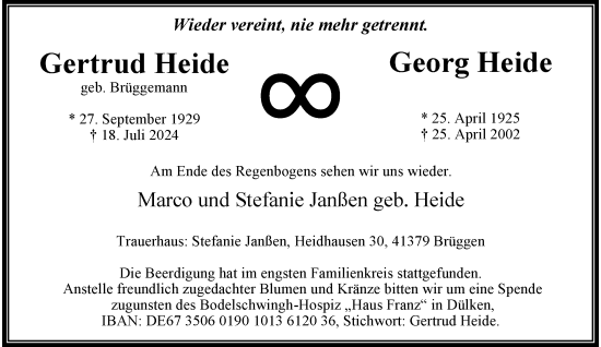 Traueranzeige von Gertrud und Georg Heide von trauer.extra-tipp-moenchengladbach.de