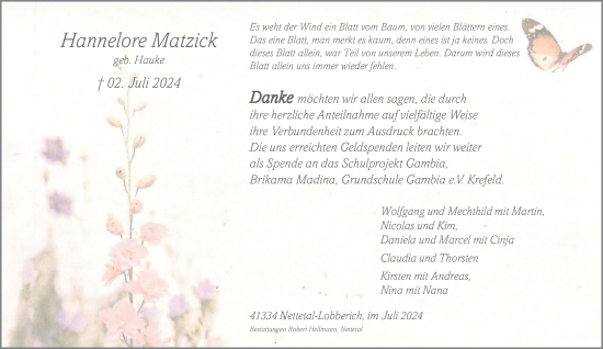 Traueranzeige von Hannelore Matzick von trauer.extra-tipp-moenchengladbach.de