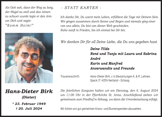 Traueranzeige von Hans-Dieter Birk von trauer.extra-tipp-moenchengladbach.de