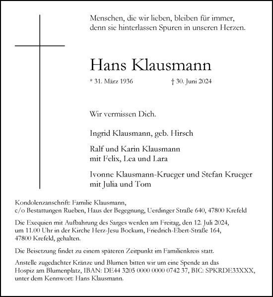 Traueranzeige von Hans Klausmann von trauer.extra-tipp-moenchengladbach.de