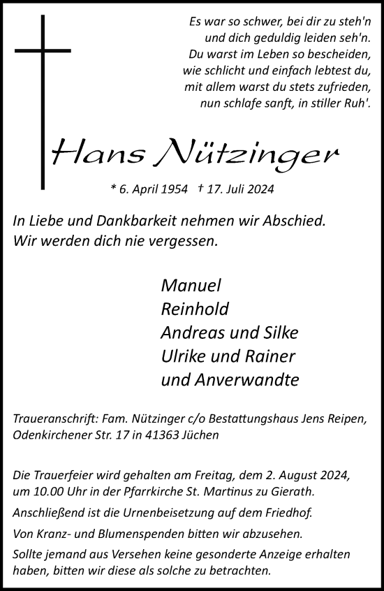 Traueranzeige von Hans Nützinger von trauer.stadt-kurier.de