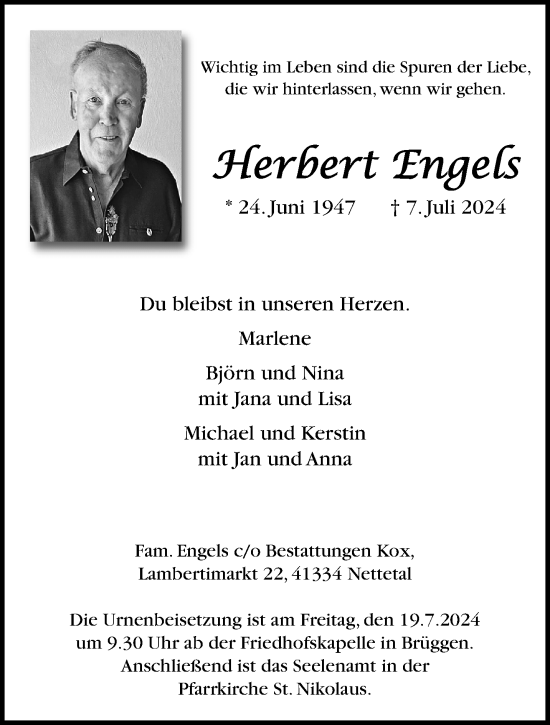 Traueranzeige von Herbert Engels von trauer.extra-tipp-moenchengladbach.de