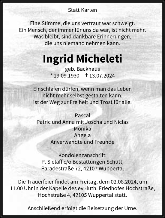Traueranzeige von Ingrid Micheleti von trauer.wuppertaler-rundschau.de