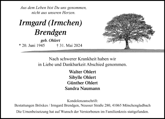 Traueranzeige von Irmgard Brendgen von trauer.extra-tipp-moenchengladbach.de