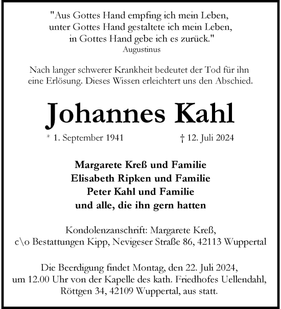 Traueranzeige von Johannes Kahl von trauer.wuppertaler-rundschau.de