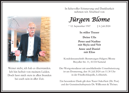 Traueranzeige von Jürgen Blome von trauer.extra-tipp-moenchengladbach.de