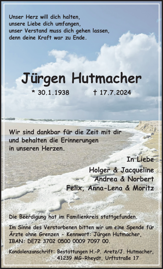 Traueranzeige von Jürgen Hutmacher von trauer.extra-tipp-moenchengladbach.de