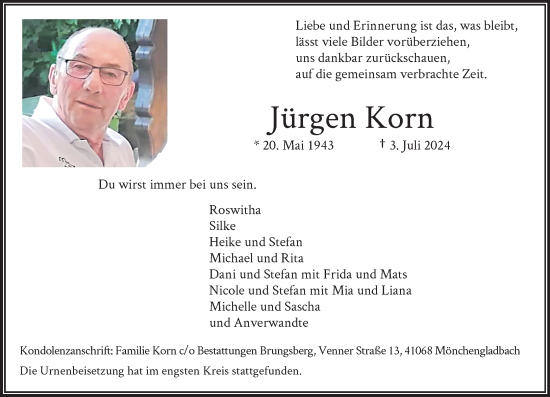 Traueranzeige von Jürgen Korn von trauer.extra-tipp-moenchengladbach.de