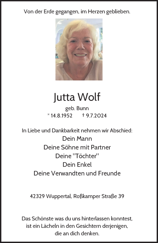 Traueranzeige von Jutta Wolf von trauer.wuppertaler-rundschau.de