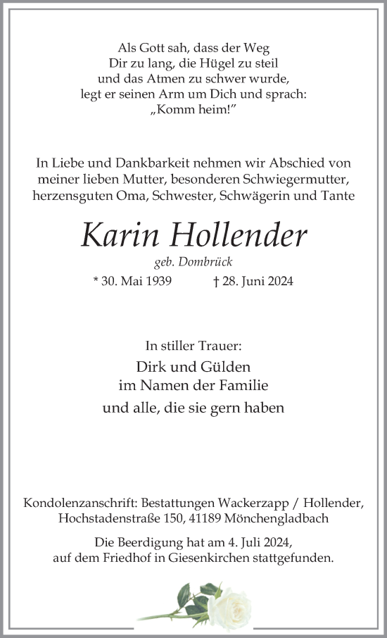 Traueranzeige von Karin Hollender von trauer.extra-tipp-moenchengladbach.de